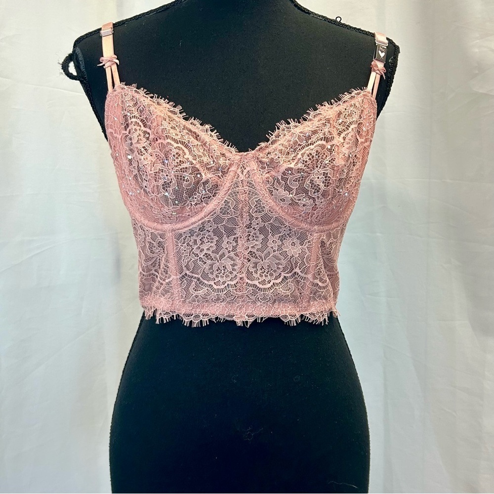 Victoria’s Secret HOLIDAYS/Dream Angel Pink Rhinestone Lace Bra Corset Bustier - Picture 3 of 11